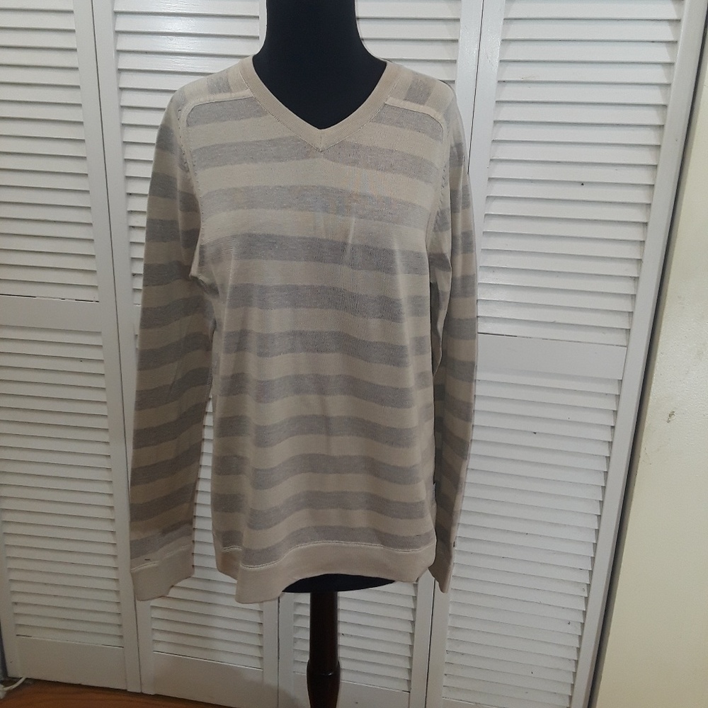 Ted Baker tan and gray striped v-neck sweater